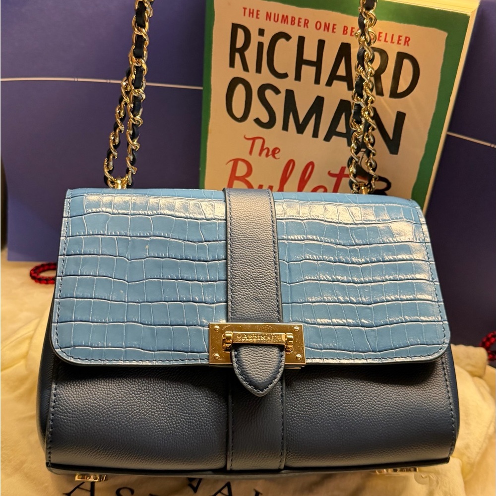 Aspinal Of London Blue And Croc Embossed Leather Medium Lottie Shoulder Bag NWOT